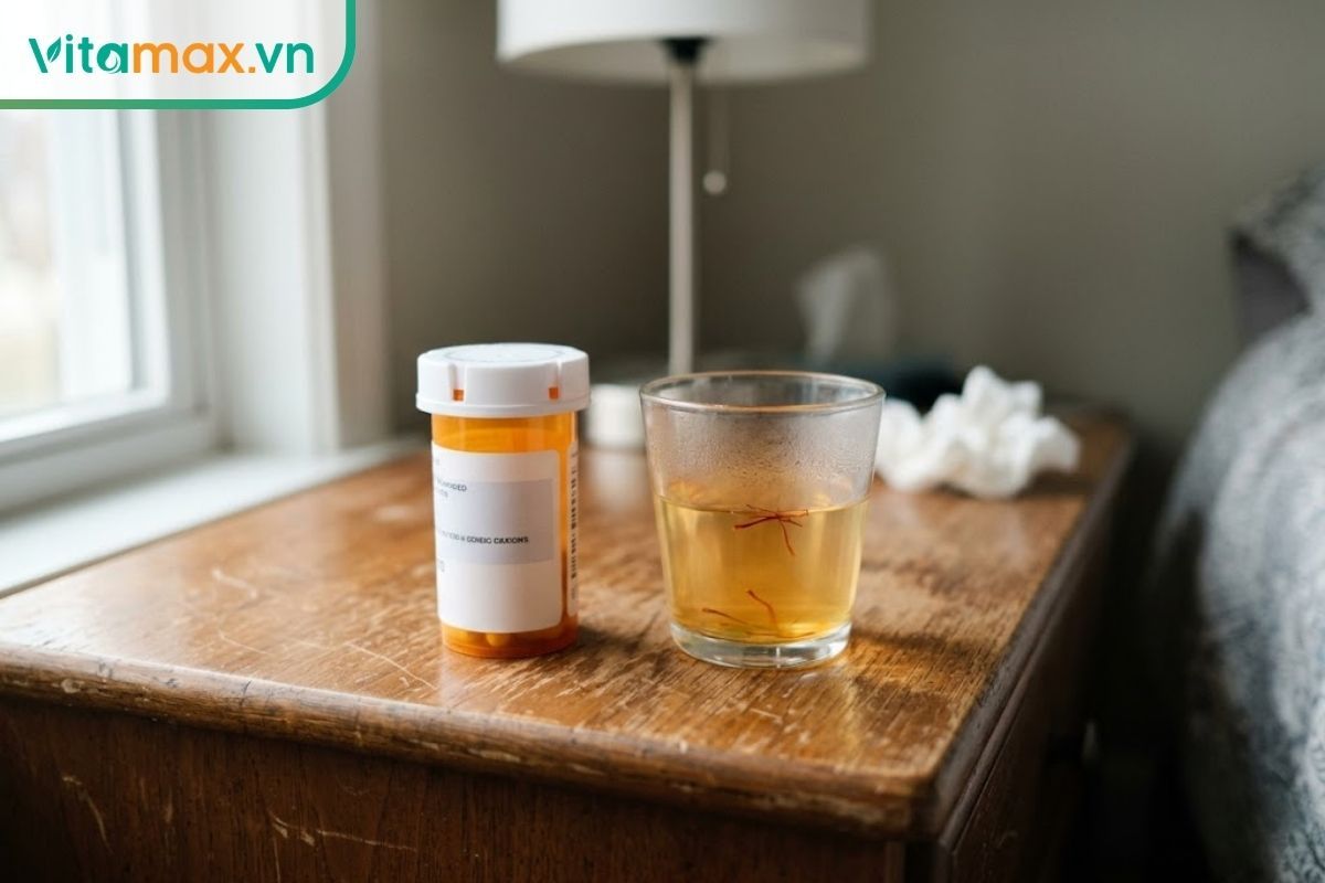 Chụp góc cận trên bàn gỗ, một lọ thuốc không nhãn mác được đặt cạnh một ly thủy tinh nhỏ chứa trà thảo dược màu vàng cam, thể hiện sự cẩn trọng khi dùng chung.