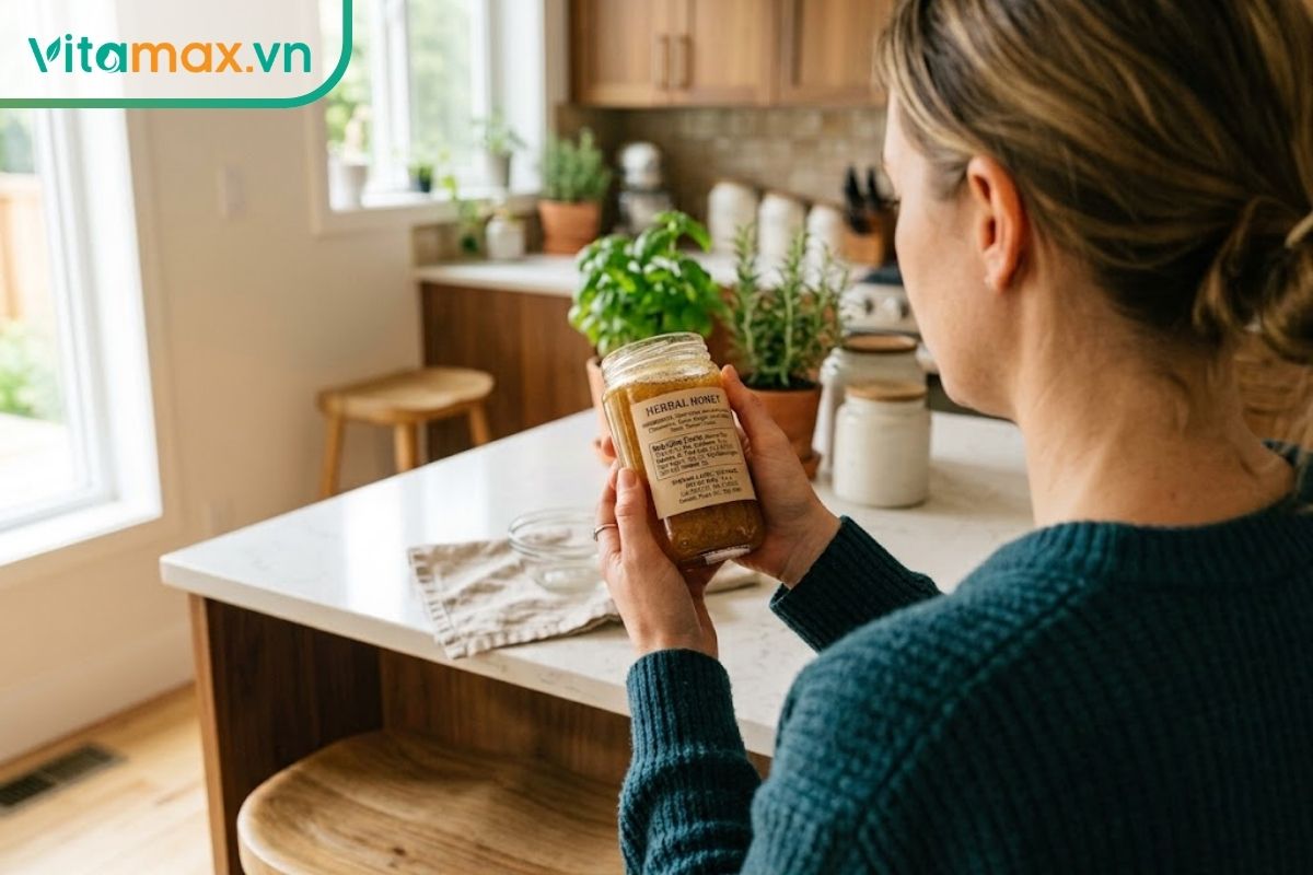 Một người đang cầm hũ thủy tinh trên tay và chăm chú đọc các thông tin trên nhãn mác trong không gian bếp sáng sủa, thể hiện sự cẩn trọng khi sử dụng.