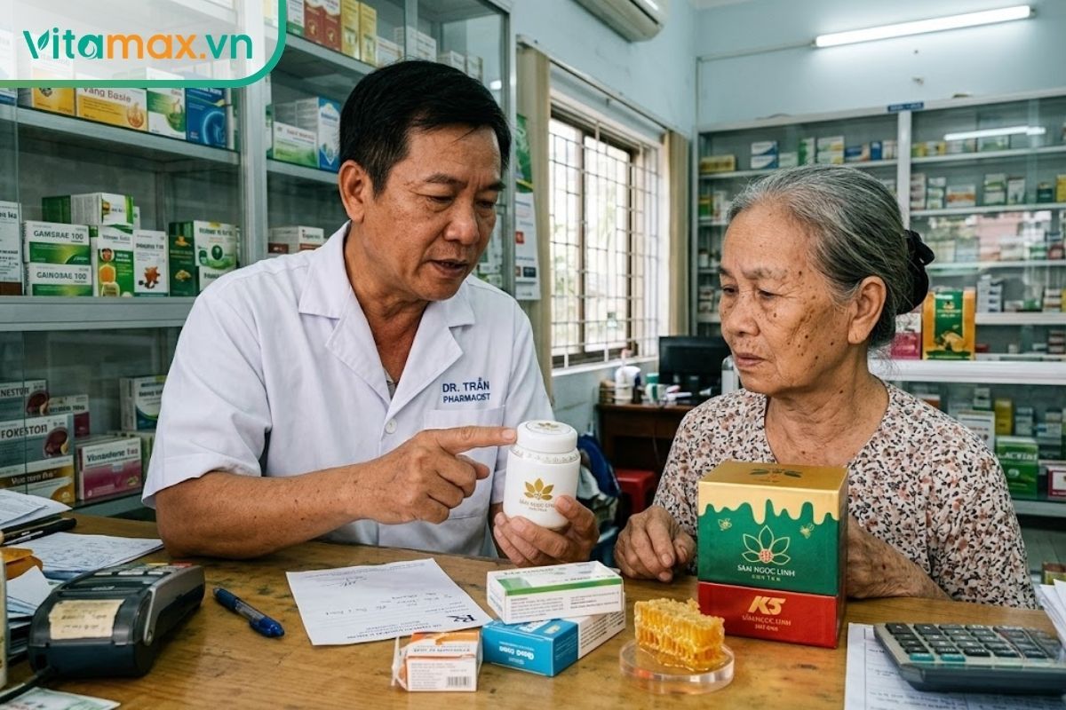 Dược sĩ đang cầm hũ sâm Ngọc Linh ngâm mật ong tư vấn kỹ lưỡng cho một bệnh nhân lớn tuổi tại nhà thuốc.