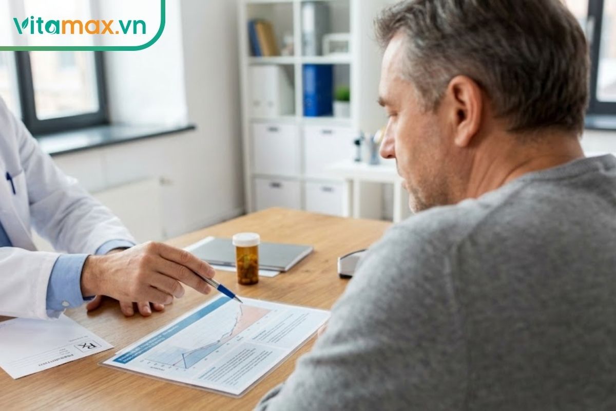 Bác sĩ đang tư vấn kỹ lưỡng cho bệnh nhân về việc sử dụng sâm kết hợp với thuốc điều trị gout và huyết áp.