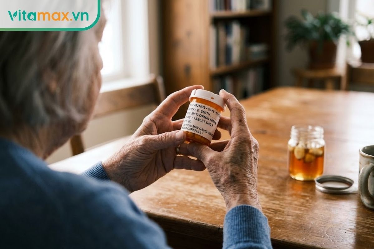Đôi bàn tay của người cao tuổi đang cầm đọc nhãn một lọ thuốc tây, trên bàn ăn phía trước là một hũ nhỏ đựng tỏi ngâm mật ong, thể hiện sự cẩn trọng khi dùng chung với thuốc kê đơn.
