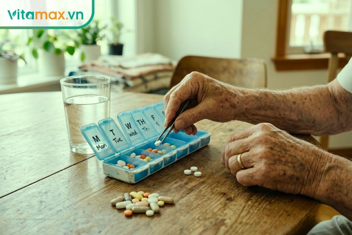 Bàn tay người lớn tuổi đang sắp xếp các viên thuốc vào hộp chia liều lượng hàng ngày trên bàn, thể hiện sự cẩn trọng khi dùng thuốc có bệnh nền.