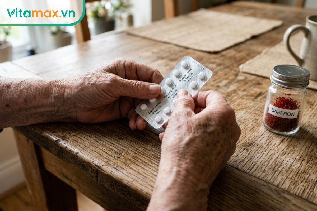Bàn tay một người lớn tuổi đang cầm vỉ thuốc tây, bên cạnh là một hũ thủy tinh nhỏ đựng nhụy hoa nghệ tây.
