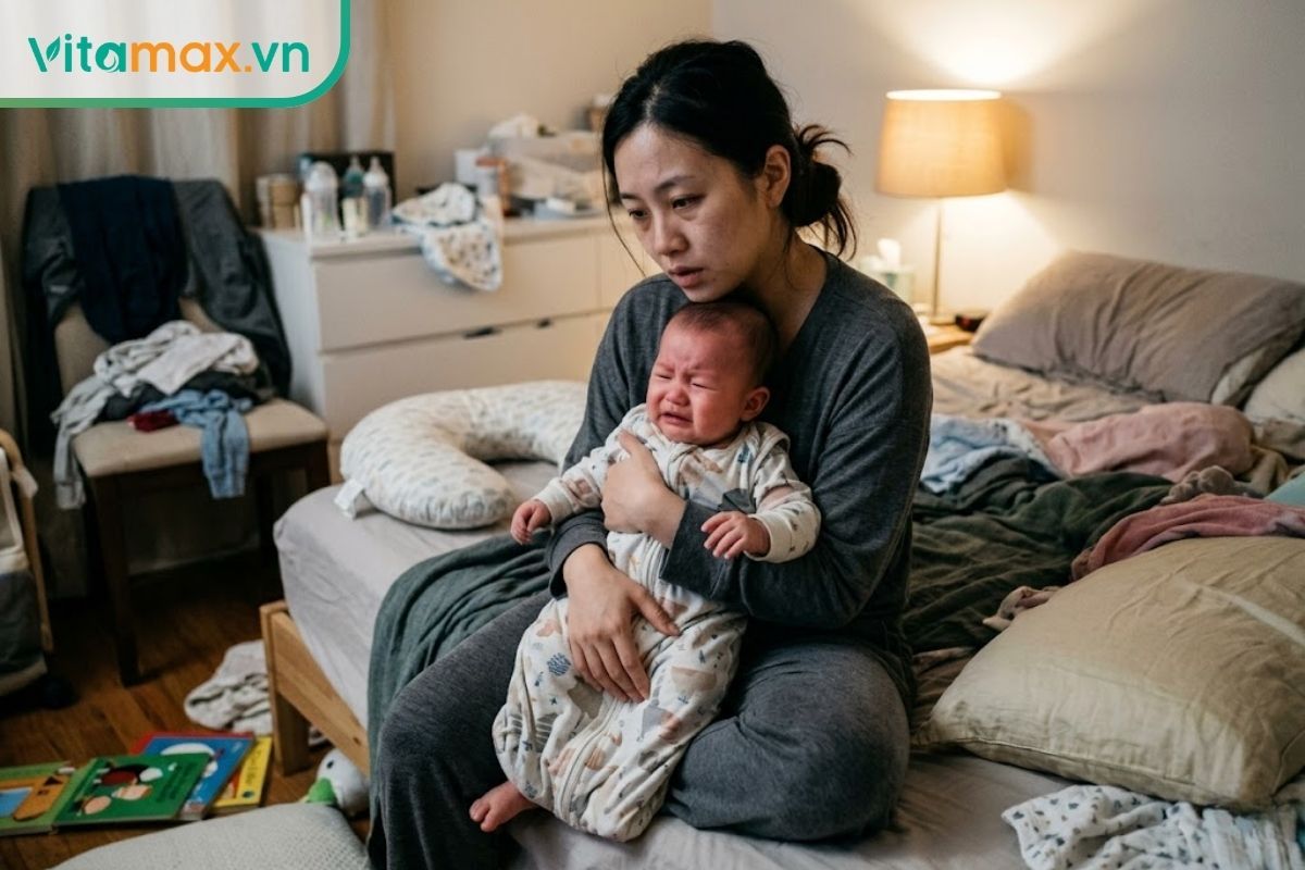 Mẹ đang bế và dỗ dành một em bé sơ sinh đang quấy khóc do khó chịu ở bụng, nhấn mạnh sự cẩn trọng khi chăm sóc trẻ.