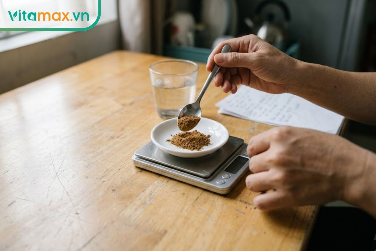 Cân tiểu ly điện tử đang định lượng chính xác khẩu phần bột nấm linh chi nguyên chất trên đĩa sứ trắng cạnh cốc nước ấm trong bếp.
