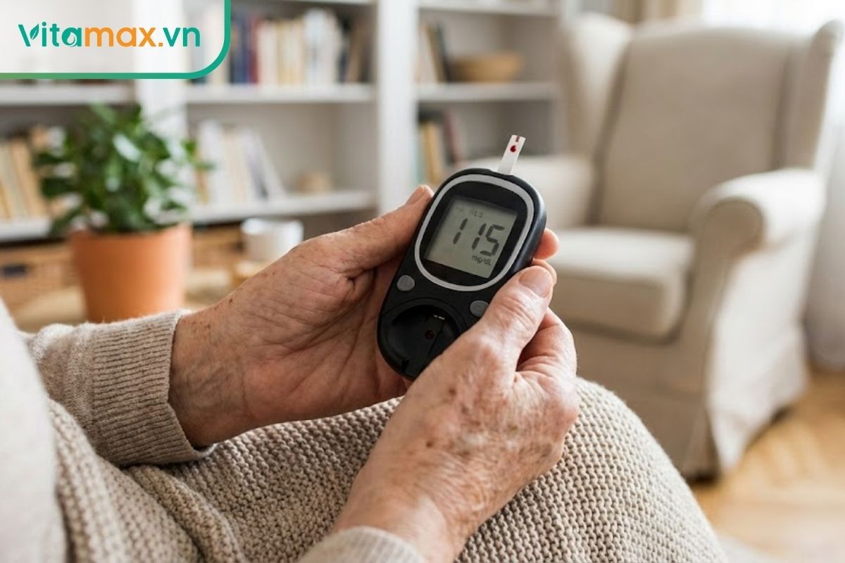Người lớn tuổi tự kiểm tra chỉ số đường huyết tại nhà bằng máy đo cá nhân.