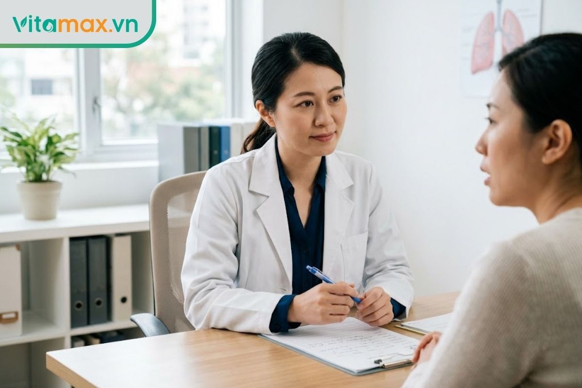 Bác sĩ chuyên khoa đang tư vấn cho bệnh nhân tại phòng khám về việc sử dụng các loại thảo dược tự nhiên hỗ trợ sức khỏe.