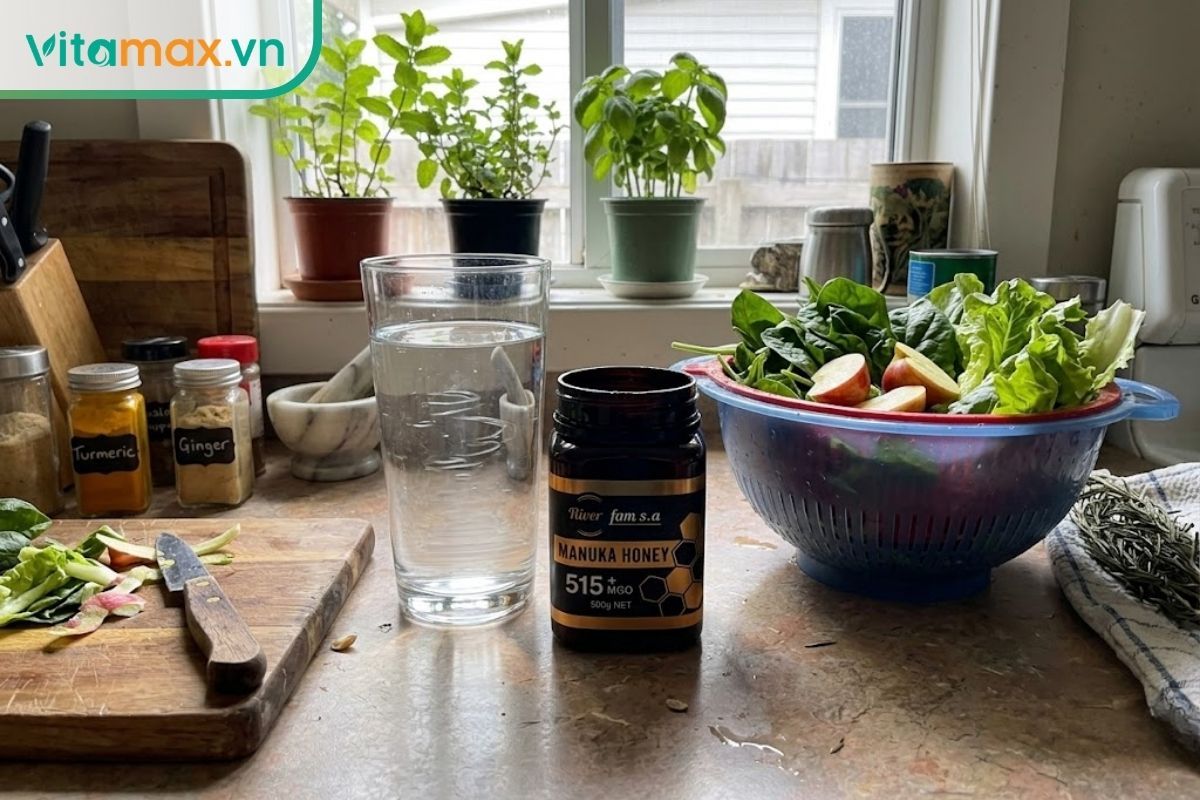 Một hũ mật ong nguyên chất được đặt cạnh một ly nước lọc lớn và rổ rau xanh tươi trên bàn bếp, đại diện cho chế độ ăn lành mạnh.