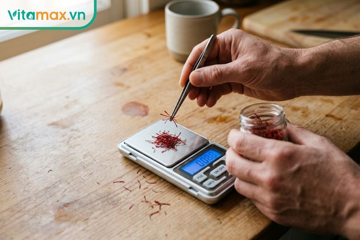 Cận cảnh quá trình cân đo nhụy hoa nghệ tây thủ công bằng cân tiểu ly điện tử để định giá.