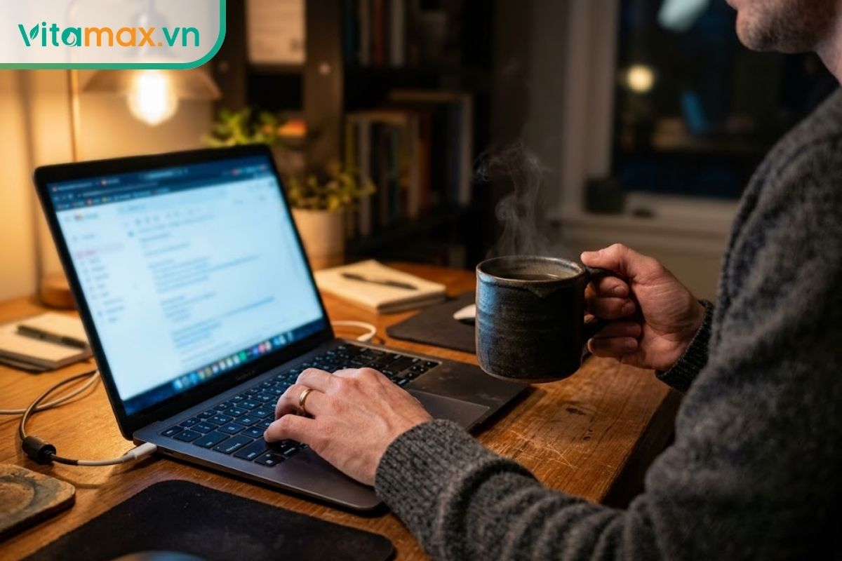 Đôi tay cầm cốc nước linh chi sẫm màu đặt cạnh màn hình máy tính đang làm việc vào ban đêm.