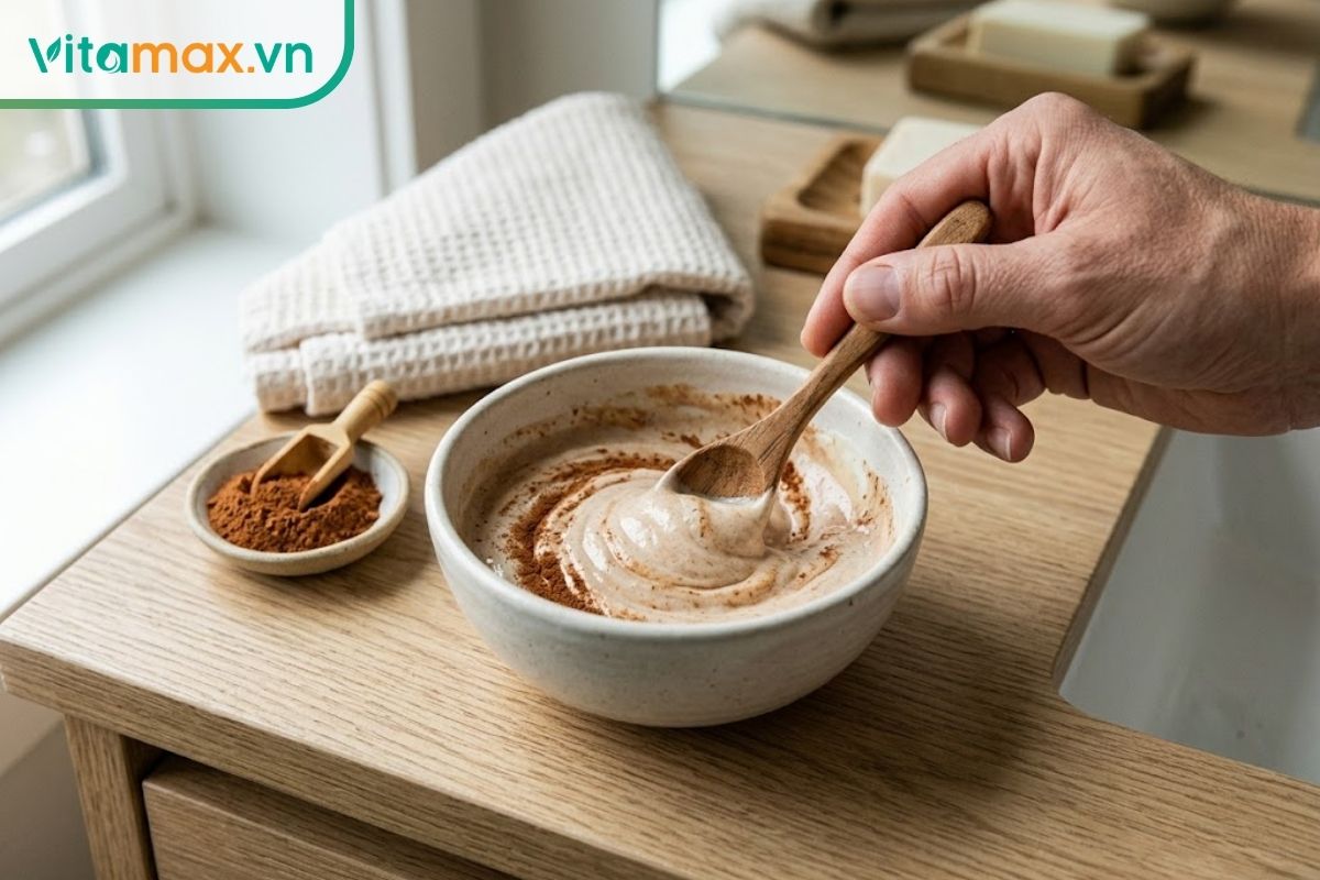 Bột linh chi mịn được trộn với sữa chua thành hỗn hợp sệt trong bát nhỏ để chuẩn bị mặt nạ dùng ngoài da.