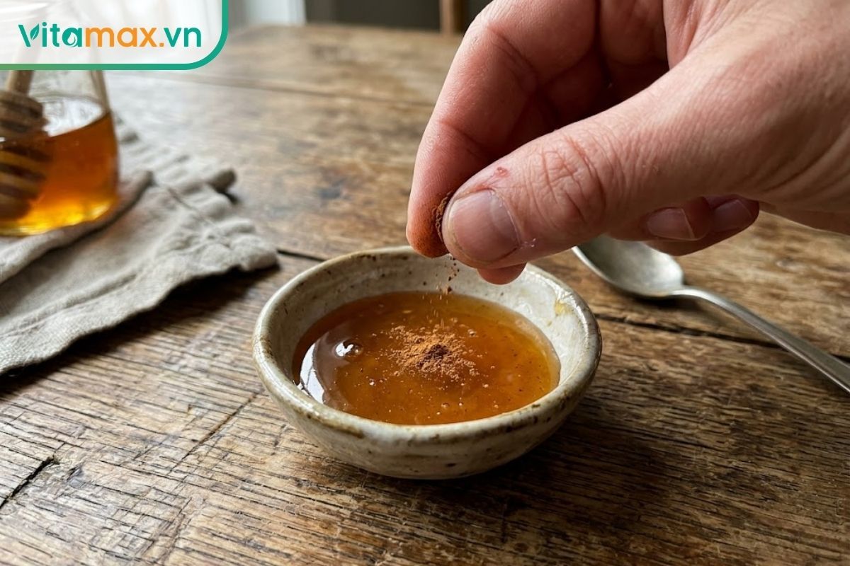 Hỗn hợp mặt nạ mật ong và bột quế trị mụn sưng cứng với lượng quế rất nhỏ để tránh gây kích ứng da mặt.