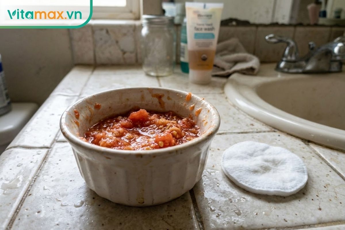 Hỗn hợp mặt nạ trị mụn từ cà chua nghiền nhuyễn và mật ong với kết cấu hơi lỏng, thích hợp để dùng bông tẩy trang thấm lên da.