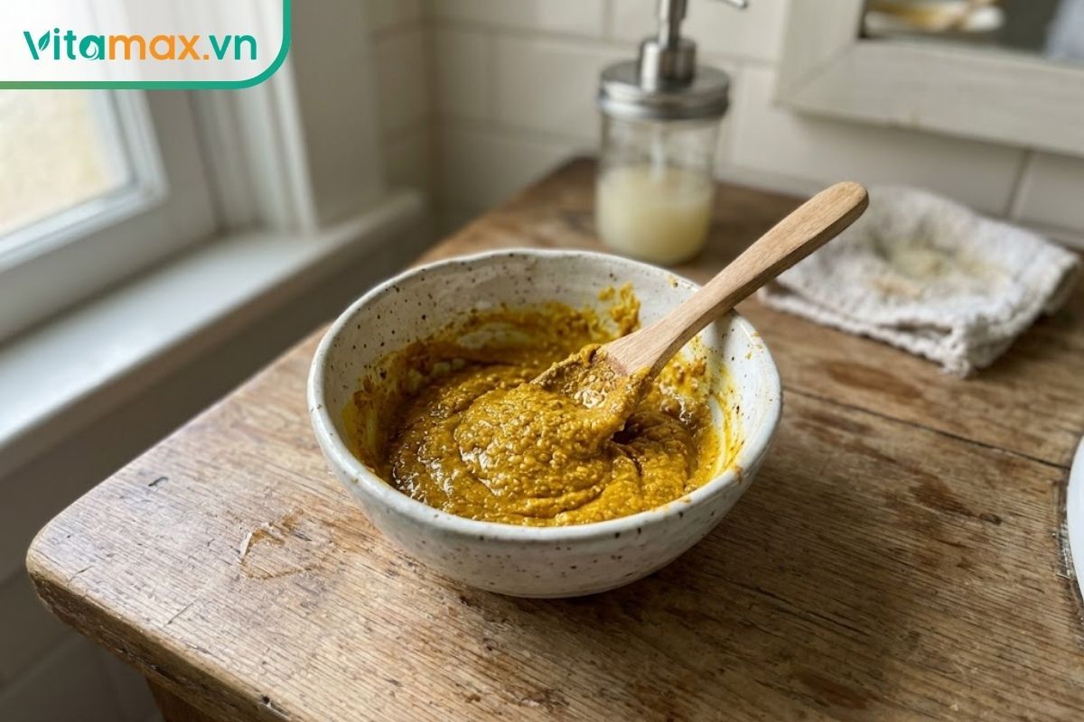 Cận cảnh bát nhỏ chứa hỗn hợp mặt nạ nghệ mật ong sền sệt, chân thực, giúp giải đáp việc mặt nạ nghệ mật ong có bắt nắng không.