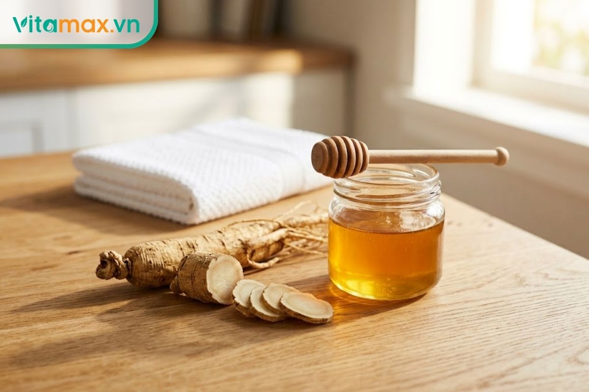 Củ nhân sâm tươi thái lát đặt cạnh hũ mật ong vàng nguyên chất trên mặt bàn gỗ, bối cảnh ánh sáng tự nhiên sạch sẽ, chuẩn bị làm mặt nạ dưỡng da.