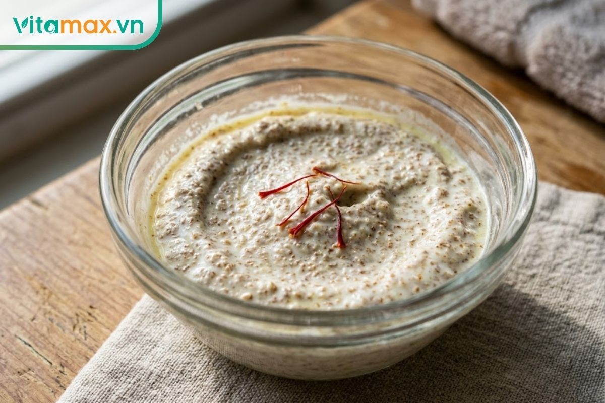 Cận cảnh bát thủy tinh đựng hỗn hợp mặt nạ nhụy hoa nghệ tây, sữa chua không đường và bột cám gạo với kết cấu hơi lợn cợn tự nhiên giúp làm mịn da.