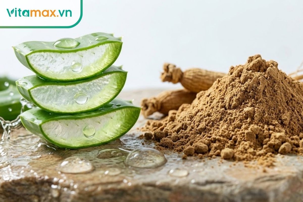 Lát nha đam tươi vừa cắt với giọt gel trong suốt bên cạnh bột sâm.