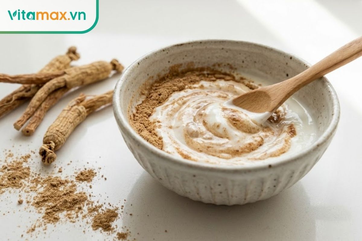 Hình ảnh cận cảnh hỗn hợp sữa chua trắng và bột sâm đang được trộn đều, tạo nên các vệt màu nâu trắng đẹp mắt.