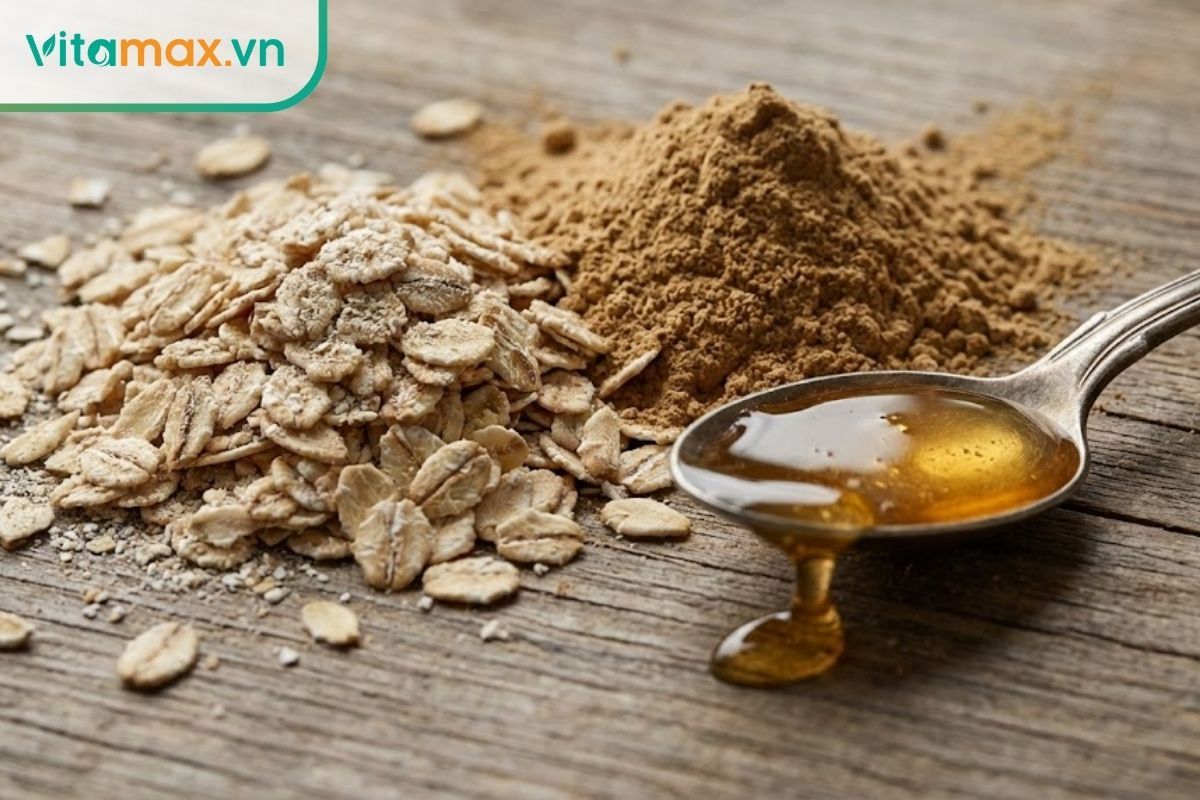 Cận cảnh hạt yến mạch thô và bột sâm mịn, nguyên liệu tự nhiên cho da nhạy cảm.