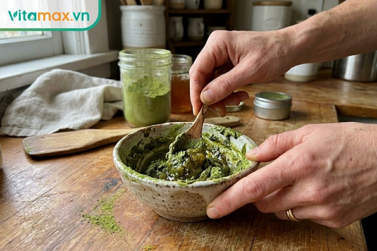 Bát nhỏ đựng mặt nạ tinh bột nghệ trộn mật ong trị mụn với màu vàng ươm tự nhiên, dùng để hỗ trợ giảm thâm sau mụn.