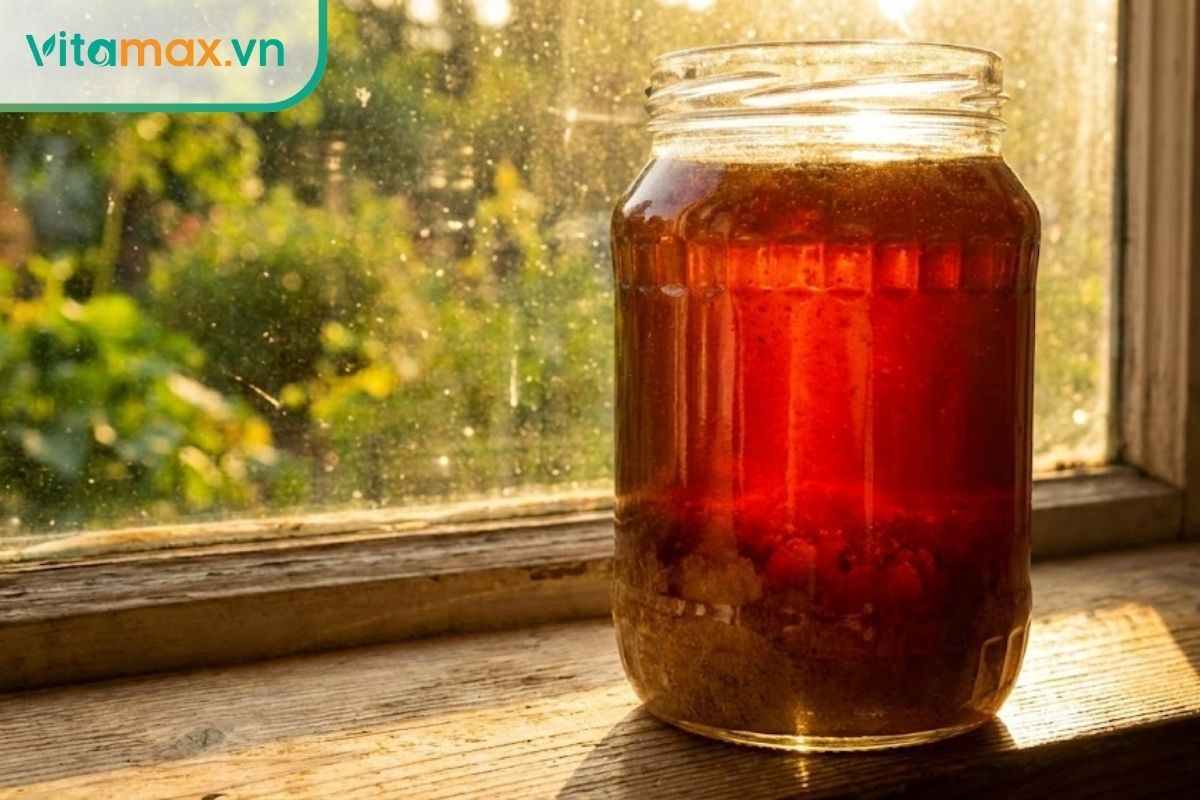 Hũ mật ong thủy tinh đặt bên cửa sổ bị ánh nắng chiếu trực tiếp làm thay đổi màu sắc.