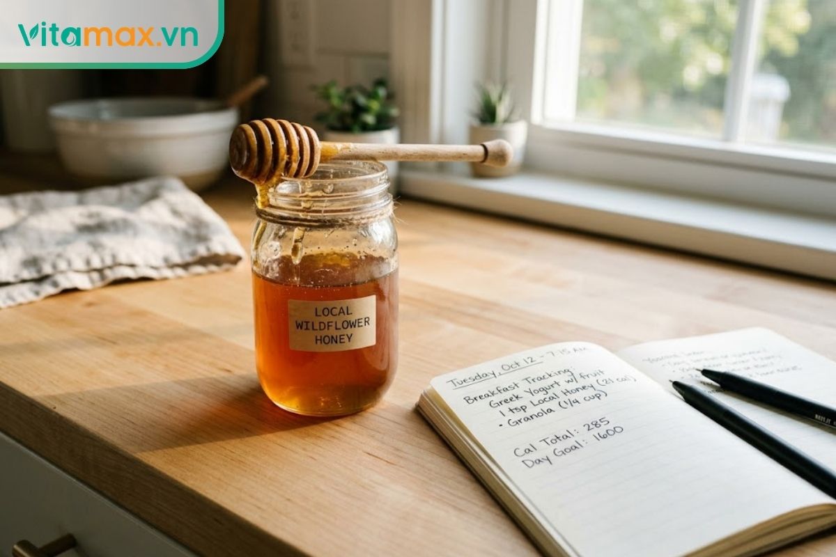 Một lọ mật ong và cây lấy mật bằng gỗ đặt cạnh một cuốn sổ tay ghi chép dinh dưỡng trên mặt bàn bếp gỗ sáng màu.