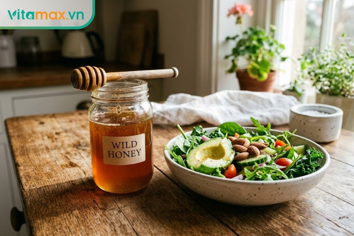 Một hũ mật ong vàng óng đặt cạnh các loại rau củ tươi xanh và hạt dinh dưỡng trên bàn gỗ, đại diện cho thắc mắc về việc kết hợp mật ong trong chế độ ăn chay.