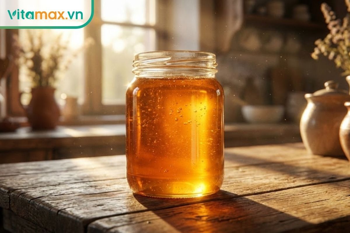 Hũ mật ong vàng óng ánh dưới nắng thể hiện chất lượng và thời hạn sử dụng mật ong tốt nhất.