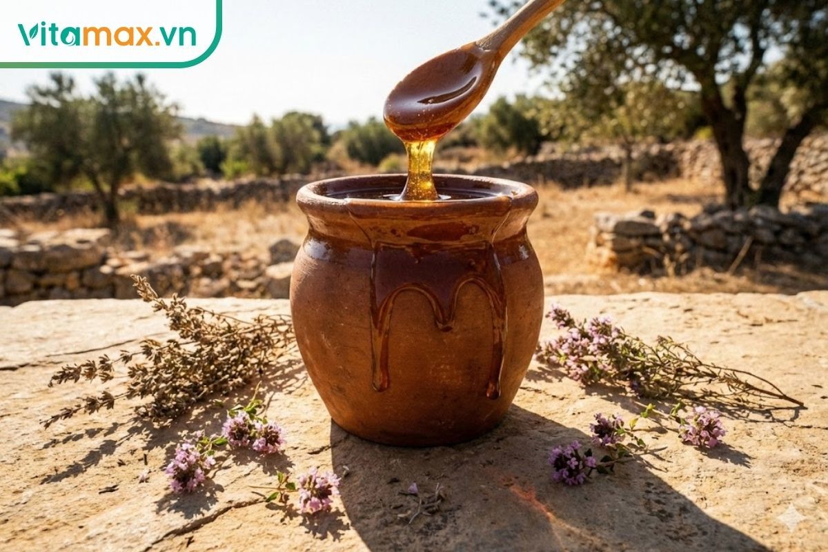 Hũ mật ong cỏ xạ hương màu hổ phách đậm đà, đặt trên nền đá phong cách Địa Trung Hải.