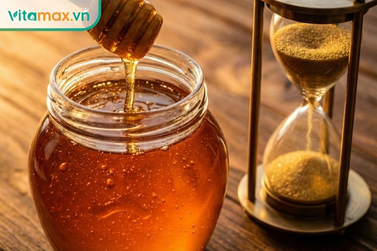 Hũ mật ong nguyên chất màu vàng óng ánh bên cạnh đồng hồ cát, minh họa cho chủ đề mật ong để được bao lâu.