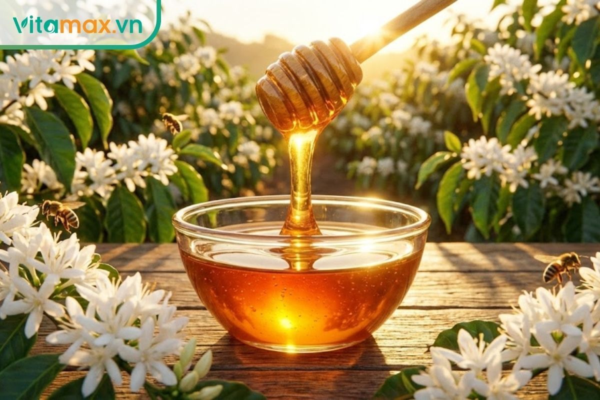 Mật ong hoa cà phê vàng óng ả chảy từ thìa gỗ, xung quanh là hoa cà phê trắng nở rộ.