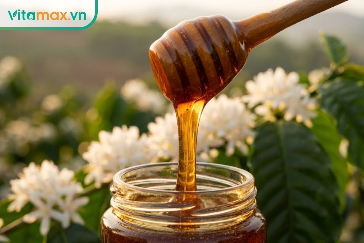 Dòng mật ong hoa cà phê sánh đặc màu cánh gián đang chảy xuống hũ, nền là hoa cà phê trắng.