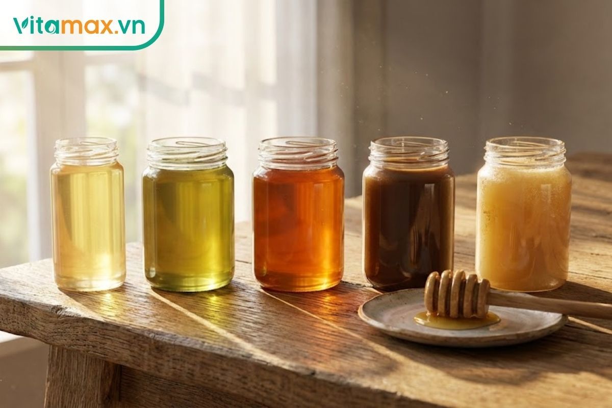 Bộ sưu tập 7 loại mật ong tốt nhất trên thị trường được bày trên bàn gỗ, mỗi loại có màu sắc khác nhau từ vàng nhạt đến nâu sẫm.