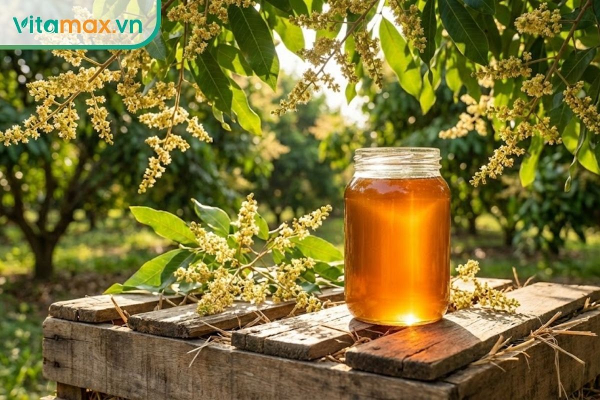 Hũ mật ong hoa nhãn màu vàng cánh gián tươi tắn, đặt dưới tán cây nhãn/vải đang ra hoa.