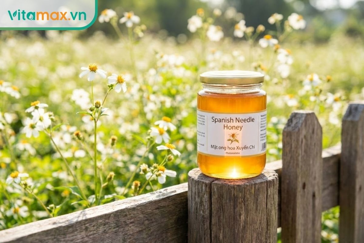 Hũ mật ong hoa xuyến chi có màu vàng tươi và độ trong suốt cao đặt giữa cánh đồng hoa cỏ kim trắng.