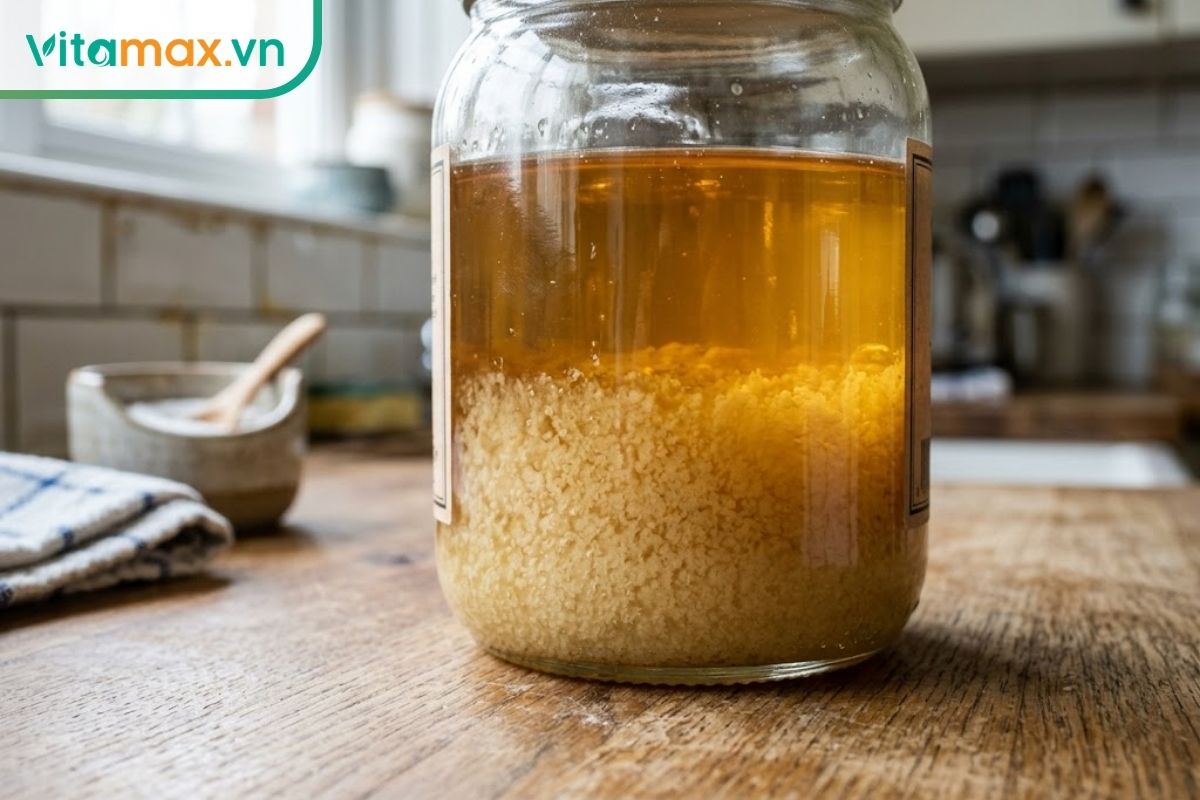 Nửa dưới của hũ mật ong thủy tinh xuất hiện lớp đường kết tinh màu vàng nhạt, hạt mịn lắng ở đáy, trong khi phần trên vẫn là lớp mật dạng lỏng trong suốt.
