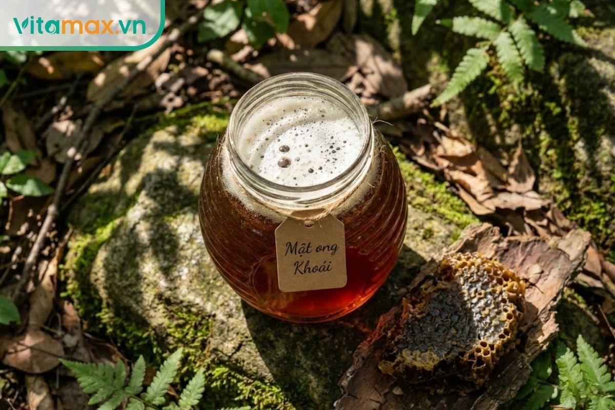 Cận cảnh hũ mật ong Khoái rừng tự nhiên có lớp bọt khí gas đặc trưng bên trên, đặt cạnh sáp ong rừng.