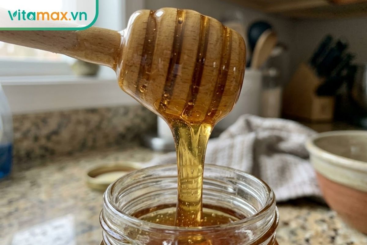 Cận cảnh dòng mật ong nguyên chất đặc sánh đang chảy chậm rãi từ thìa gỗ, minh họa khả năng bao phủ niêm mạc họng đang khô rát.