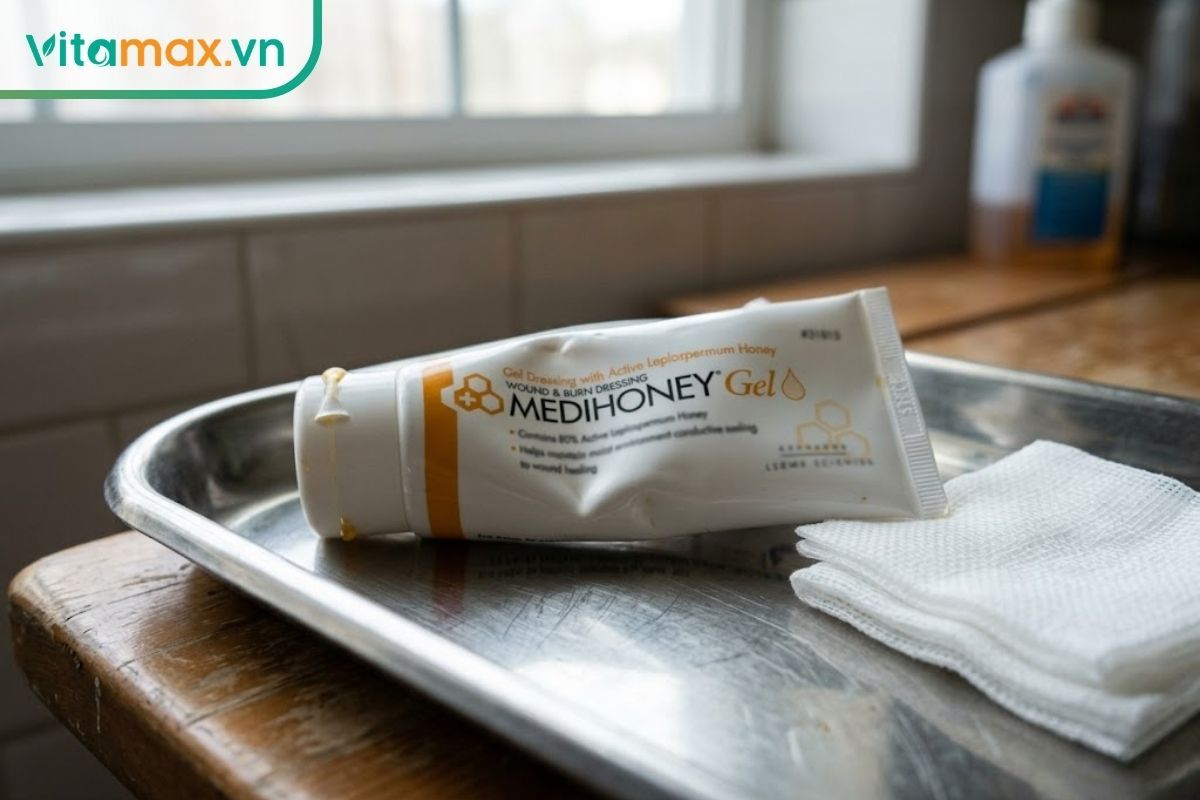 Tuýp mật ong Manuka y tế (Medihoney) đặt trên khay inox y tế vô trùng, minh chứng cho khả năng ứng dụng trong chăm sóc sức khỏe và điều trị vết thương.