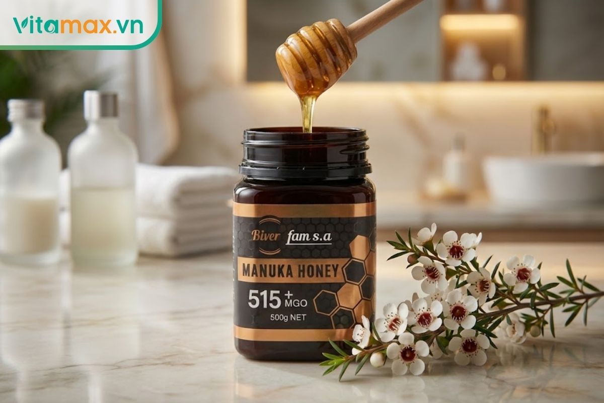 Cận cảnh hũ mật ong Manuka với chất mật đặc sánh, sẫm màu đặt cạnh nhánh hoa Manuka trắng nhụy đỏ.