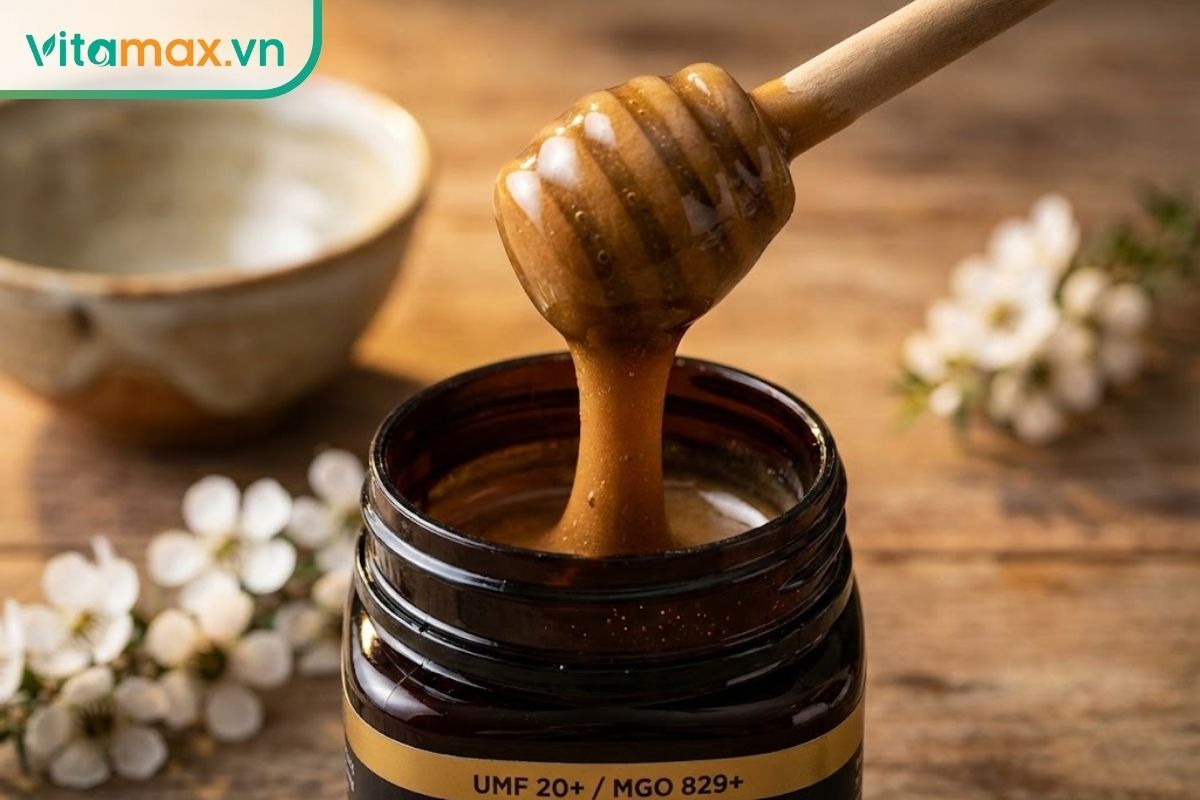 Hũ mật ong Manuka sẫm màu với kết cấu đặc sánh và thìa gỗ múc mật, thể hiện chỉ số kháng khuẩn cao.