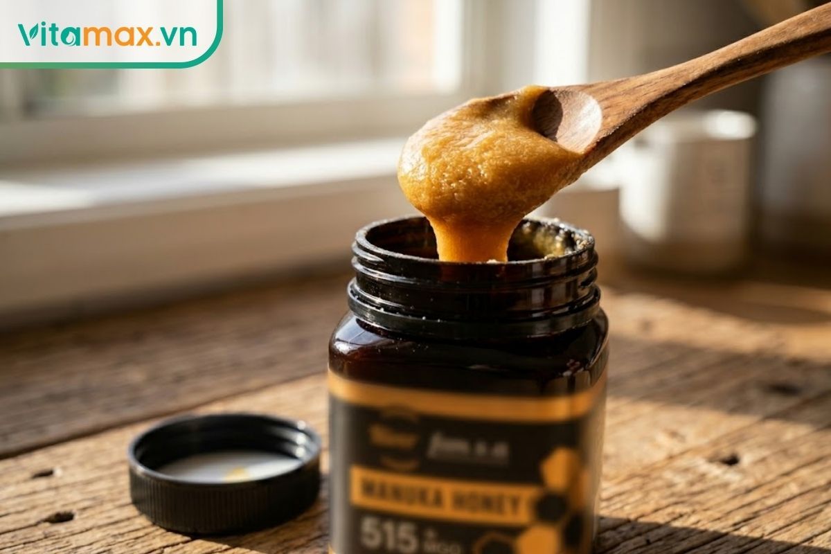 Cận cảnh một thìa gỗ múc mật ong Manuka đặc sánh từ lọ thủy tinh, giúp người dùng nhận biết kết cấu chuẩn khi tìm hiểu mật ong Manuka của hãng nào tốt nhất.