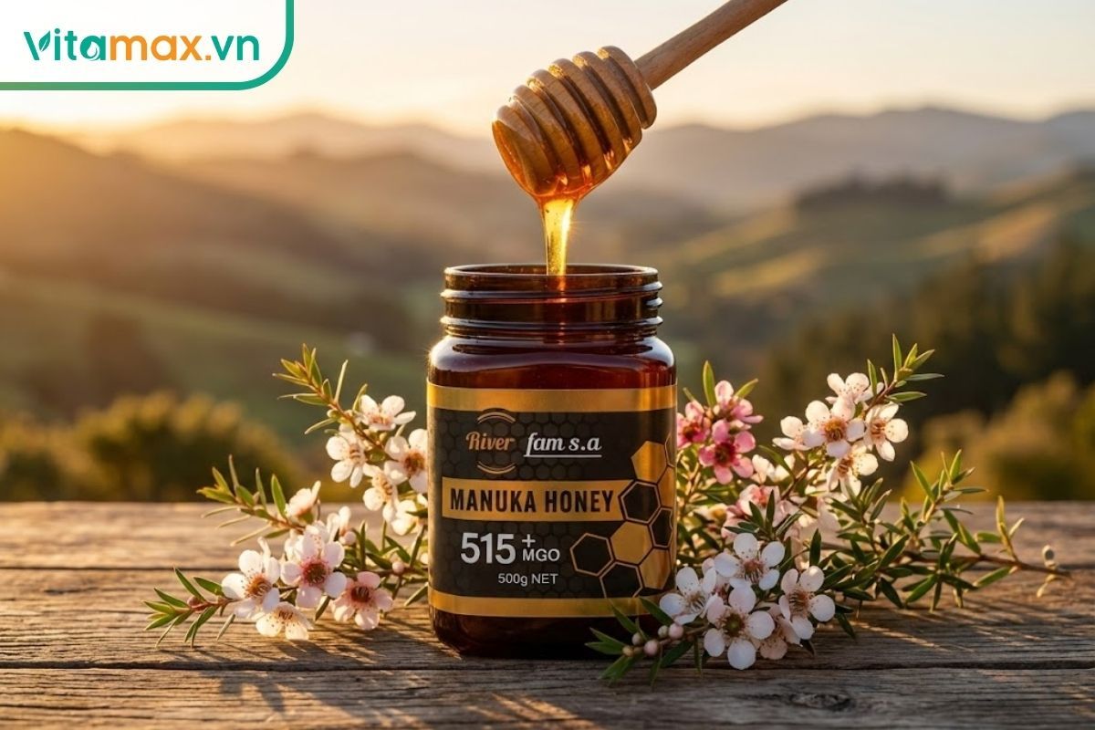 Ảnh đại diện bài viết: Lọ mật ong Manuka cao cấp với thìa gỗ đang chảy mật, bên cạnh hoa Manuka tươi trên nền phong cảnh New Zealand.
