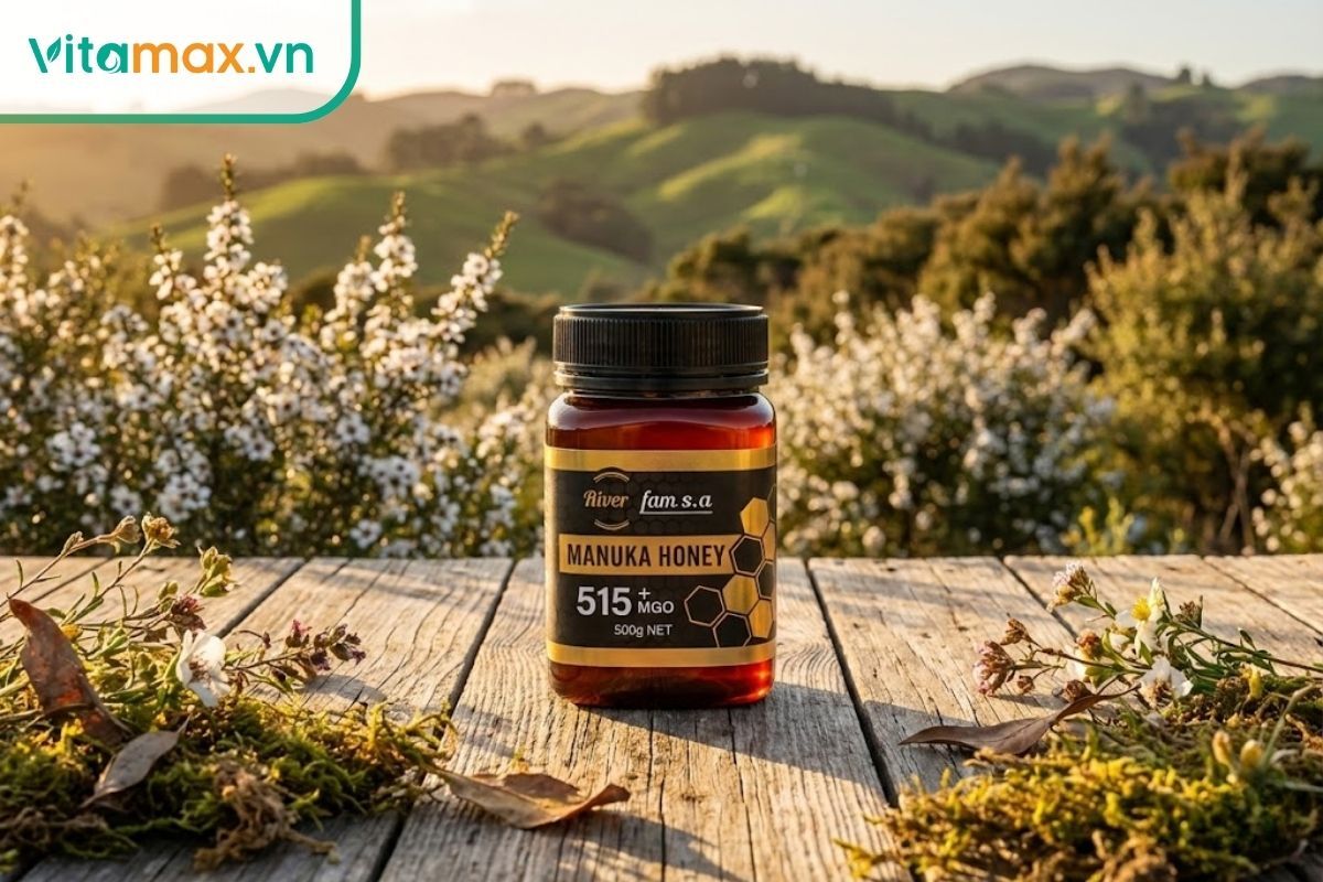 Hũ mật ong Manuka nguyên chất đặt cạnh hoa Manuka trắng tại New Zealand thể hiện nguồn gốc tự nhiên.