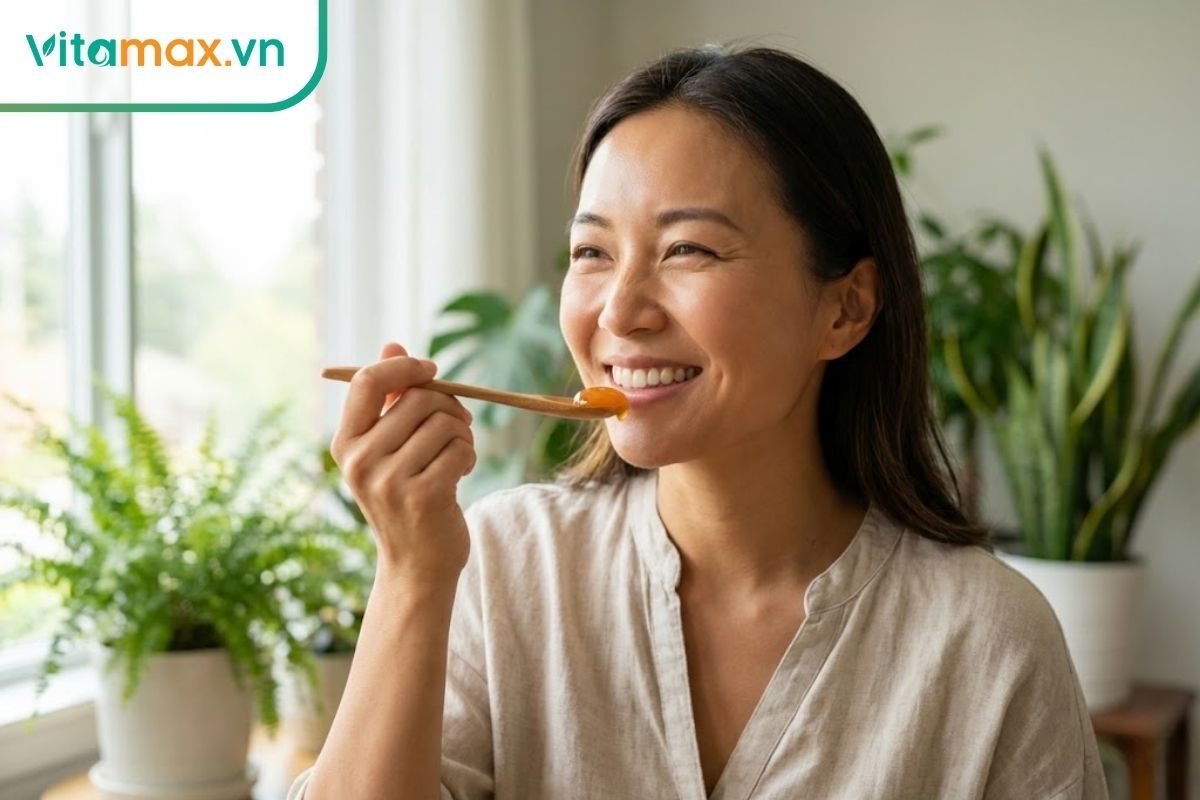Cận cảnh kết cấu sánh mịn của mật ong Manuka được dùng làm mặt nạ dưỡng da và trị mụn.