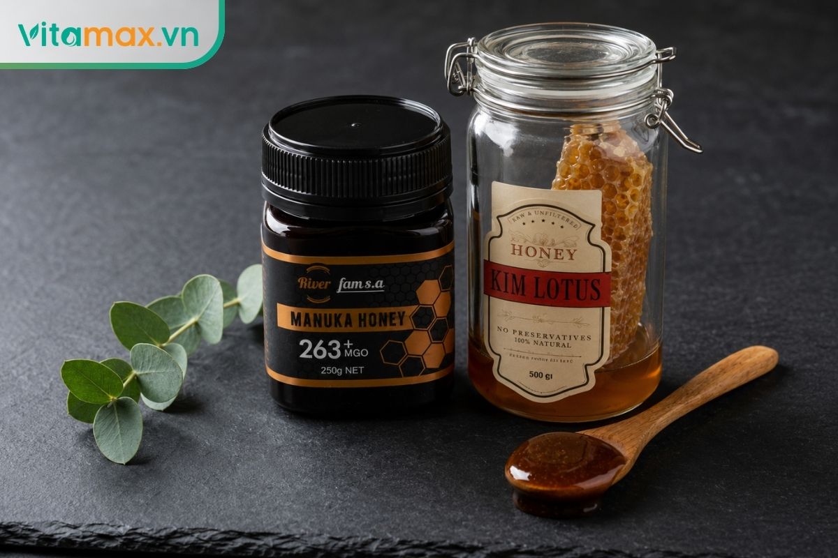 Chụp cận cảnh hũ thủy tinh đựng mật ong nguyên chất màu nâu sẫm, đặc sánh, bên cạnh là một chiếc thìa gỗ nhỏ dính mật ong đặt trên phiến đá đen mộc mạc.