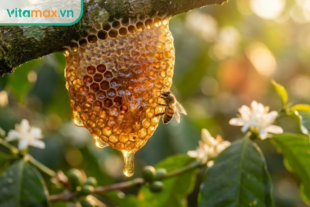Cận cảnh bánh tổ ong tự nhiên với mật vàng óng đang rỉ ra dưới ánh nắng, minh họa cho sự đa dạng sinh học của mật ong Việt Nam.