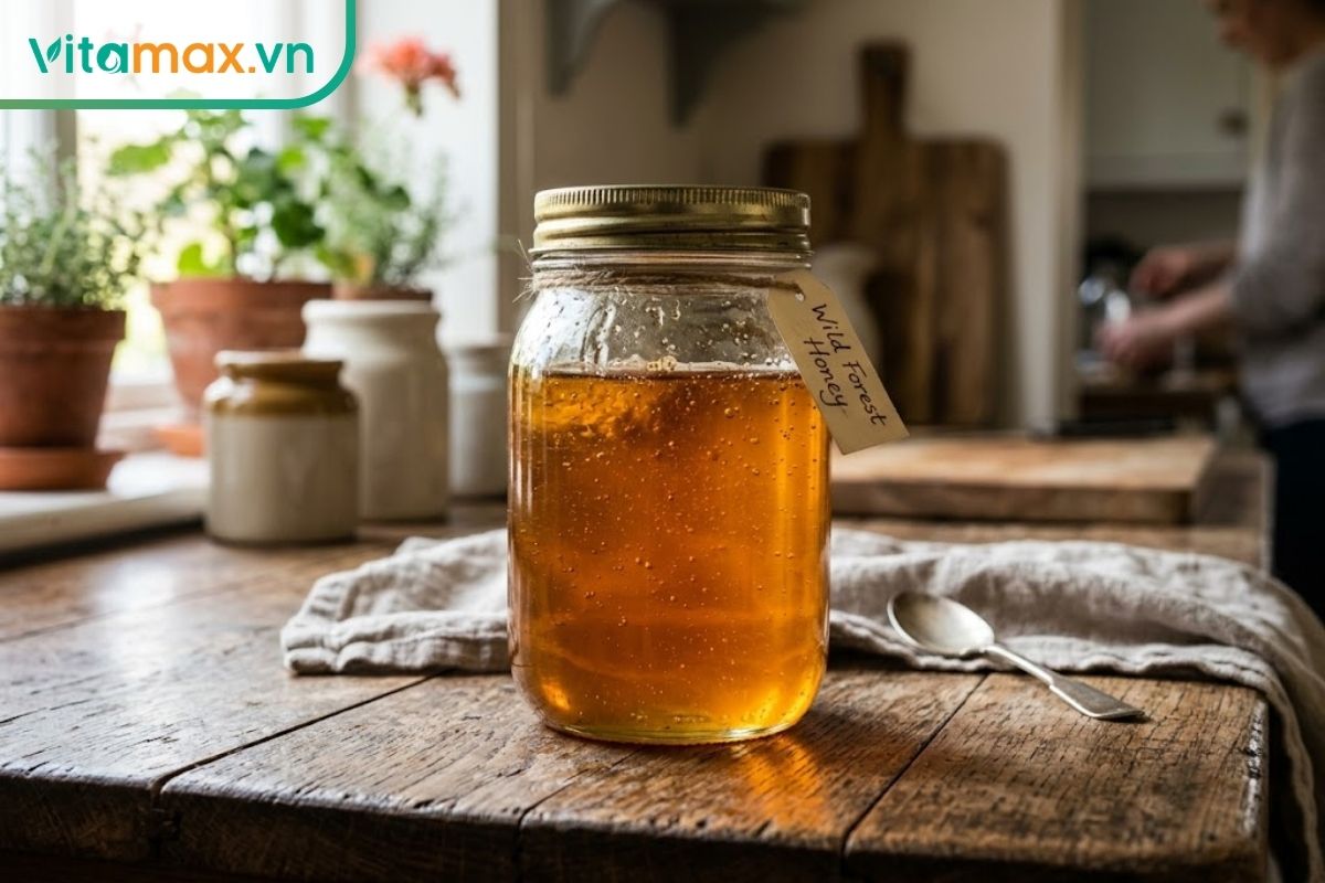 Hũ thủy tinh chứa mật ong rừng màu vàng hổ phách đặt trên bàn gỗ dưới ánh sáng tự nhiên, minh họa cho cách bảo quản mật ong lâu dài.