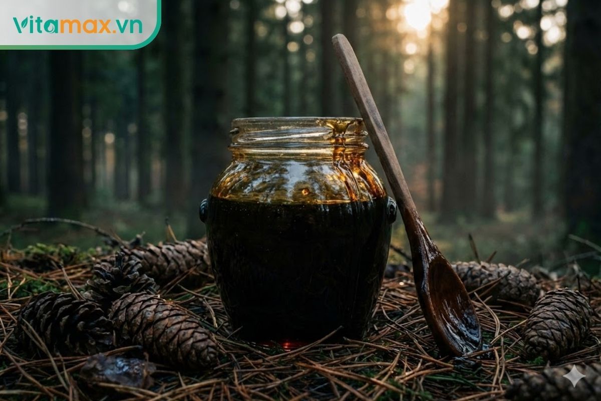 Hũ mật ong rừng đen (Honeydew) có màu nâu đen huyền bí, đặt trong khung cảnh rừng thông.