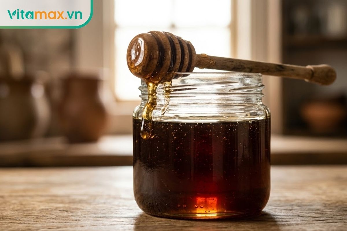Cận cảnh một hũ thủy tinh đựng mật ong rừng nguyên chất sánh đặc, màu nâu sẫm, kèm theo thanh khuấy gỗ dính đầy mật đặt trên bàn gỗ mộc mạc.